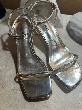 Fashion Nova Silver Metallic Ankle-Strap Heels